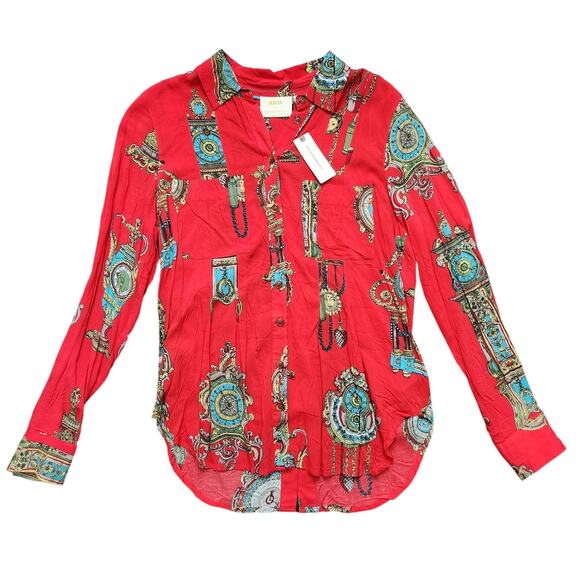 NWT Maeve Anthropologie Red Antique Clock Button Up Blouse Size 4 - Picture 2 of 6